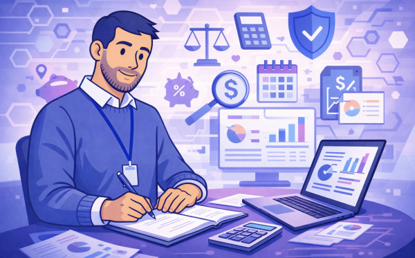 A financial professional at a desk with a laptop and charts, representing the strategic role of a CFO in managing Tax Calculation Service in Microsoft Dynamics 365.