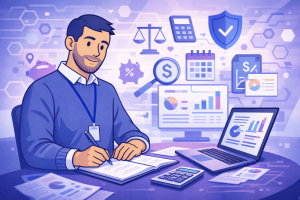 Ilustracja przedstawiająca CFO pracującego z Tax Calculation Service w D365 F&O, w otoczeniu ikon zgodności podatkowej, wykresów finansowych oraz architektury systemowej.