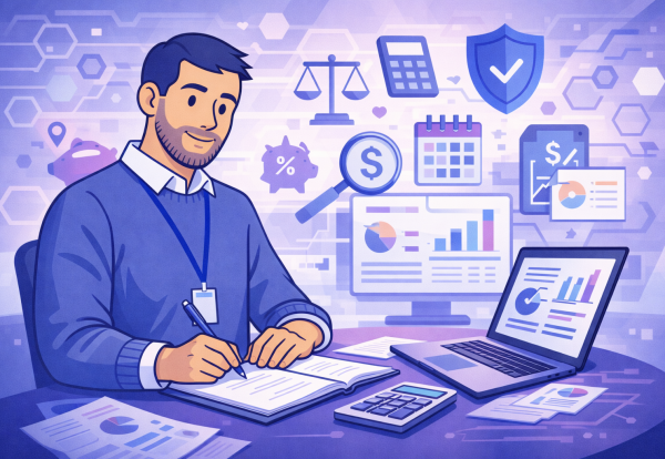 Ilustracja przedstawiająca CFO pracującego z Tax Calculation Service w D365 F&O, w otoczeniu ikon zgodności podatkowej, wykresów finansowych oraz architektury systemowej.