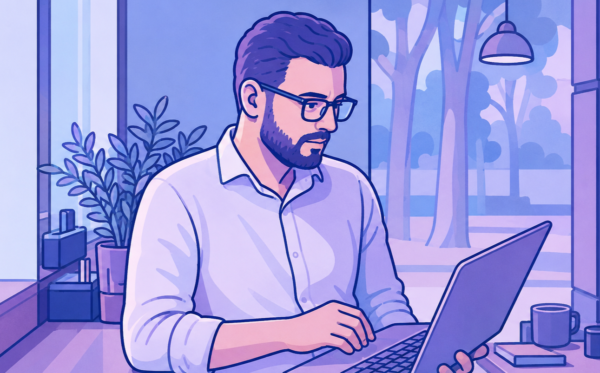 Ilustracja przedstawiająca specjalistę pracującego na laptopie w nowoczesnym biurze, symbolizująca samodzielną personalizację systemu Microsoft Dynamics 365 F&O bez wsparcia IT.