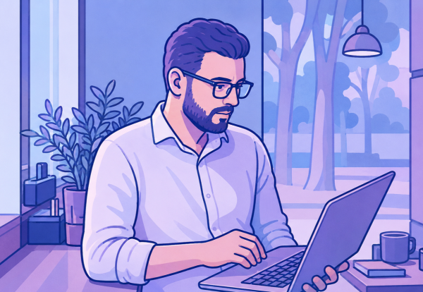 Personalizing Microsoft Dynamics 365 F&O - How to Customize Your ERP System Without IT Support Ilustracja przedstawiająca specjalistę pracującego na laptopie w nowoczesnym biurze, symbolizująca samodzielną personalizację systemu Microsoft Dynamics 365 F&O bez wsparcia IT.