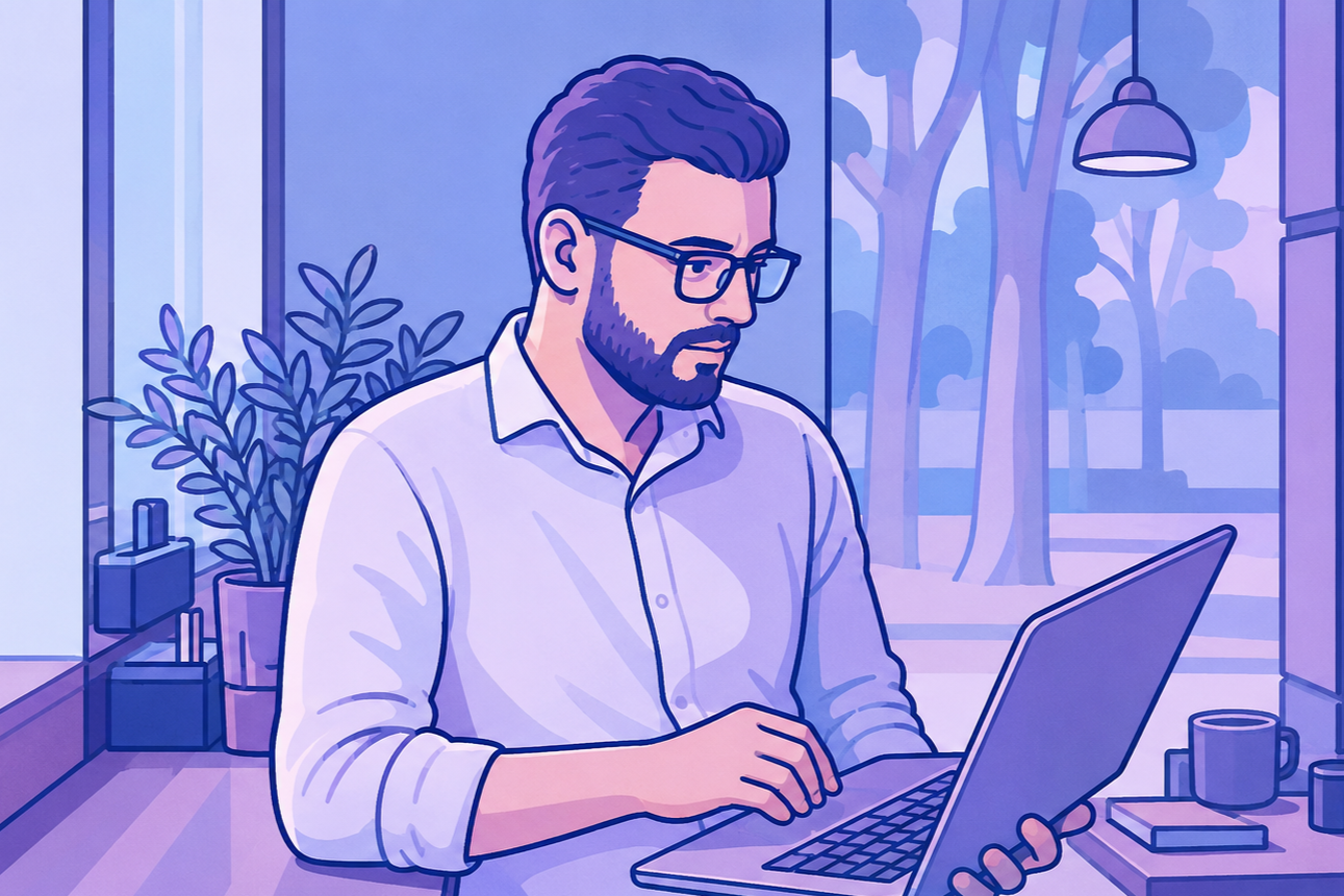 Personalizing Microsoft Dynamics 365 F&O – How to Customize Your ERP System Without IT Support Ilustracja przedstawiająca specjalistę pracującego na laptopie w nowoczesnym biurze, symbolizująca samodzielną personalizację systemu Microsoft Dynamics 365 F&O bez wsparcia IT.